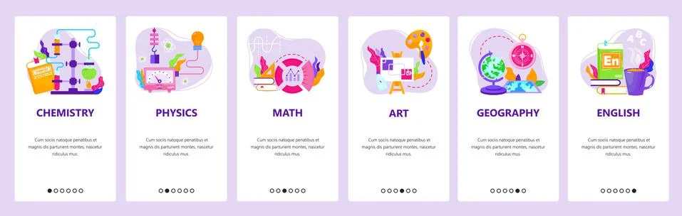 Study subjects chemistry, physics, math, art, geography, english. Mobile app Stock Illustration
