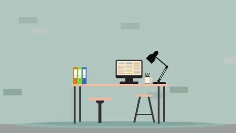 Study table consisting of a computer, study lamp Stock Illustration