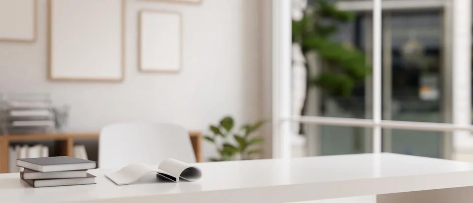 A study table or office desk with books and empty space on the white table .. Stock Illustration