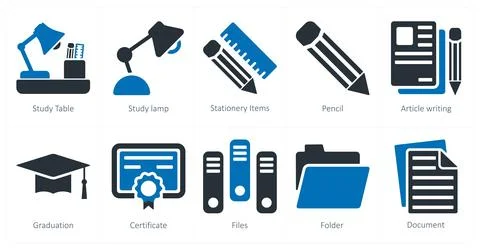 Study table, stationery items, pencil 스톡 일러스트