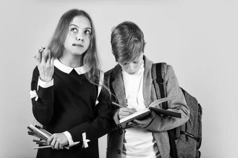 Study together. Student ready for lessons. Regular school program. School Stock Photos