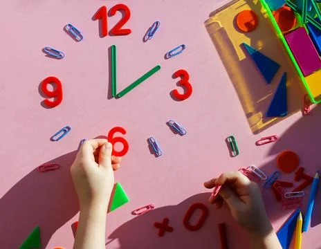 Study the topic of hours with children. The watch is made of numbers, paper c Photos