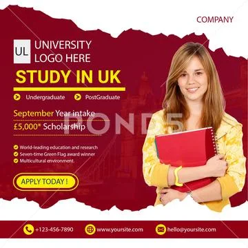 Study in uk education fair advertisement with smiling student PSD Template