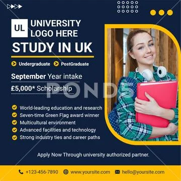 Study in uk university admissions information and scholarship opportunities PSD Template