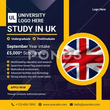 Study in the uk university advertisement with union jack flag PSD Template