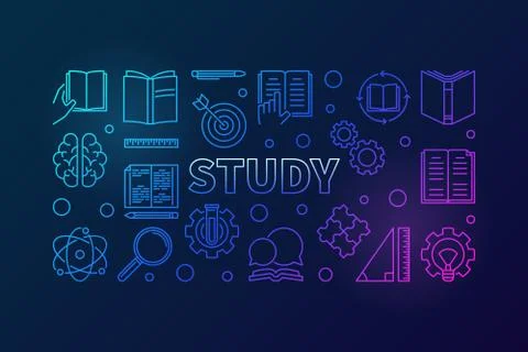 Study vector blue horizontal illustration in thin line style 스톡 일러스트