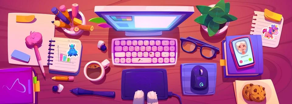 Study work desk top view with computer and mouse 스톡 일러스트