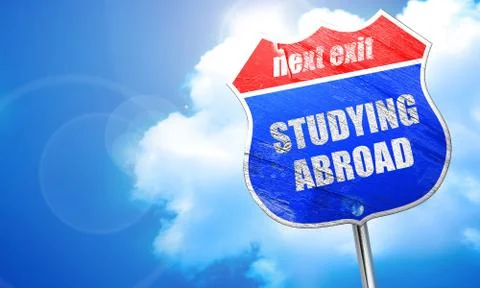 Studying abroad, 3D rendering, blue street sign Stock Illustration