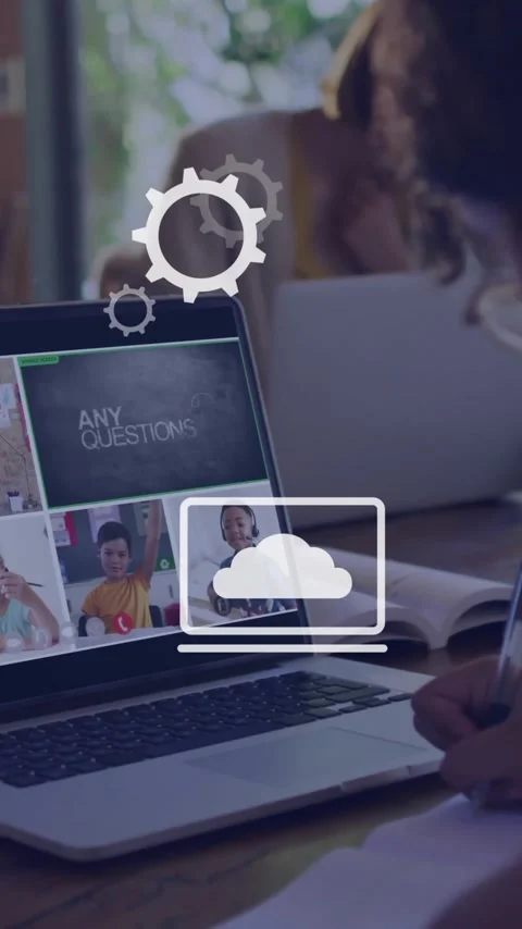 Studying with animation of digital icons on laptop screen in virtual school Stock Footage 344370403