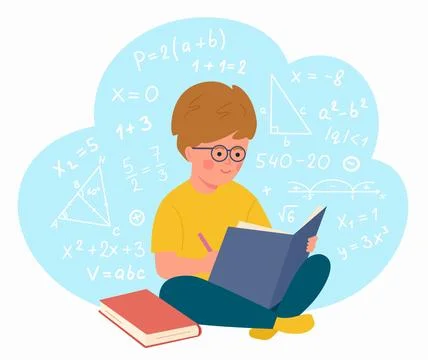 Studying boy. Child learning math. School kids education. Calculate equation. Stock Illustration