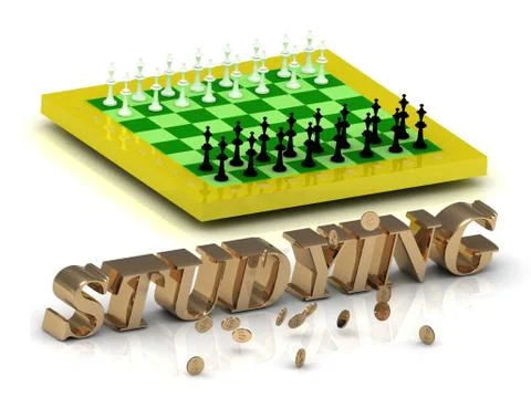 STUDYING- bright gold letters money and yellow chess on white background Stock Illustration