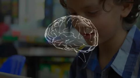 Studying in classroom, child with brain activity animation over head Video stock 304022333