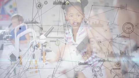 Studying in classroom with microscope, children with scientific data network Stock Footage 304022337