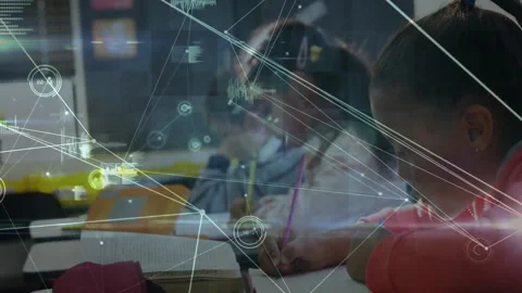 Studying in classroom, students with network connections and data processing Stock-Footage 303878369
