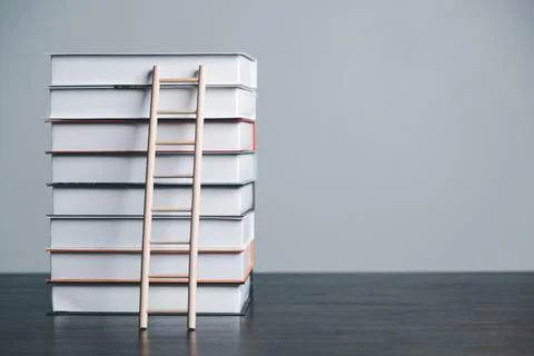 A studying climbing up to the book stack. A concept of education process. C.. Stock Photos
