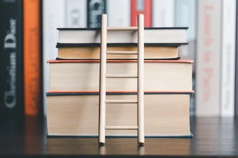 A studying climbing up to the book stack. A concept of education process. C.. Stock Photos