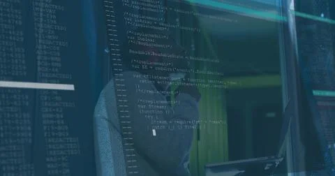 Studying code overlay on glass display panel, man wearing sweater in data 库存照片