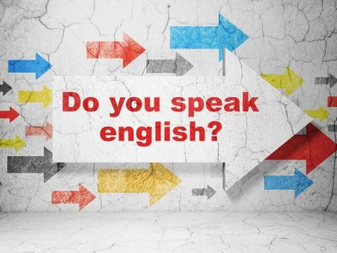 Studying concept: arrow with Do you speak English? on grunge wall background Ilustración de archivo