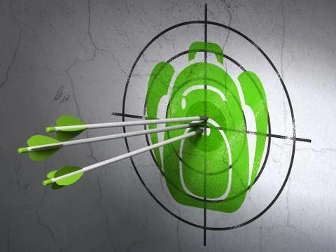 Studying concept: arrows in Backpack target on wall background Ilustração Stock