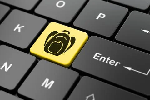 Studying concept: Backpack on computer keyboard background Illustrazione stock