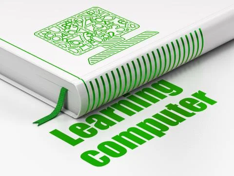 Studying concept: book Computer Pc, Learning Computer on white background Illustrazione stock