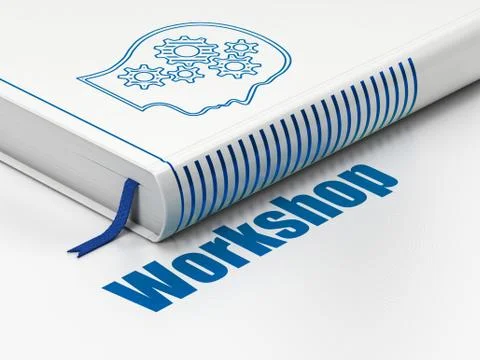 Studying concept: book Head With Gears, Workshop on white background Stock Illustration