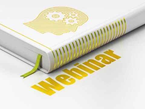 Studying concept: book Head With Gears, Webinar on white background Stock Illustration