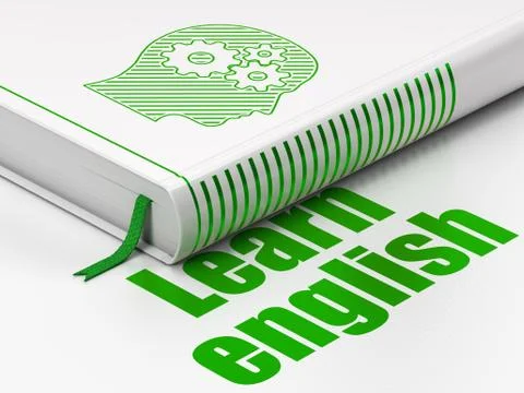 Studying concept: book Head With Gears, Learn English on white background Stock Illustration