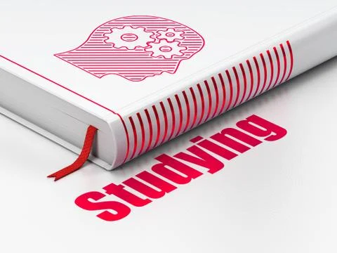 Studying concept: book Head With Gears, Studying on white background Illustrazione stock