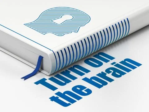 Studying concept: book Head With Keyhole, Turn On The Brain on white background Illustrazione stock
