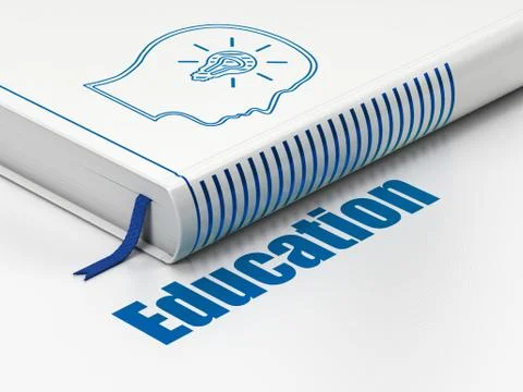 Studying concept: book Head With Lightbulb, Education on white background Illustrazione stock