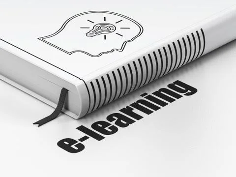 Studying concept: book Head With Lightbulb, E-learning on white background Illustrazione stock