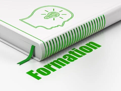 Studying concept: book Head With Lightbulb, Formation on white background Illustrazione stock