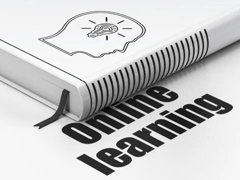 Studying concept: book Head With Lightbulb, Online Learning on white background Illustrazione stock