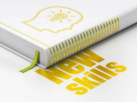 Studying concept: book Head With Lightbulb, New Skills on white background Illustrazione stock