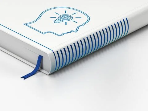 Studying concept: closed book, Head With Lightbulb on white background Stock Illustration