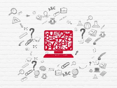 Studying concept: Computer Pc on wall background 库存插图