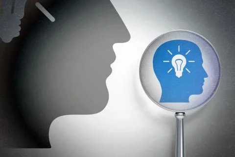 Studying concept:  Head With Light Bulb with optical glass on digital background Иллюстрация