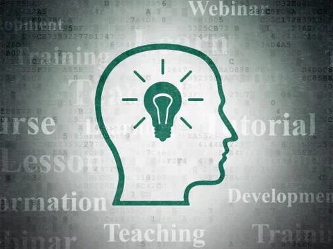 Studying concept: Head With Lightbulb on Digital Data Paper background Stock Illustration