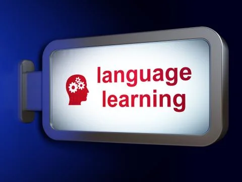 Studying concept: Language Learning and Head With Gears on billboard background Illustrazione stock