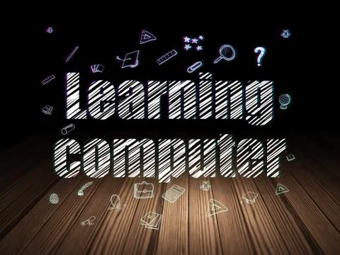 Studying concept: Learning Computer in grunge dark room Stock Illustration