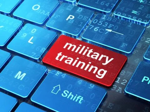 Studying concept: Military Training on computer keyboard background Illustrazione stock