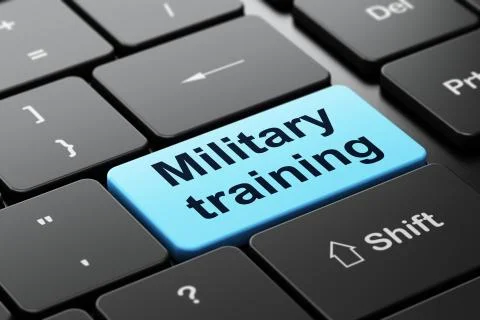 Studying concept: Military Training on computer keyboard background Illustrazione stock