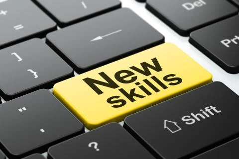 Studying concept: New Skills on computer keyboard background Illustrazione stock