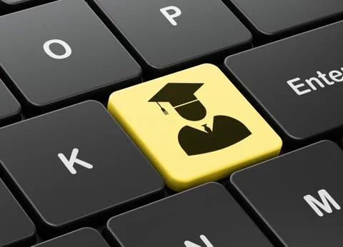 Studying concept: Student on computer keyboard background Illustrazione stock