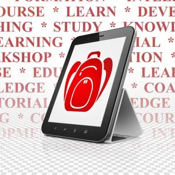 Studying concept: Tablet Computer with Backpack on display Illustrazione stock