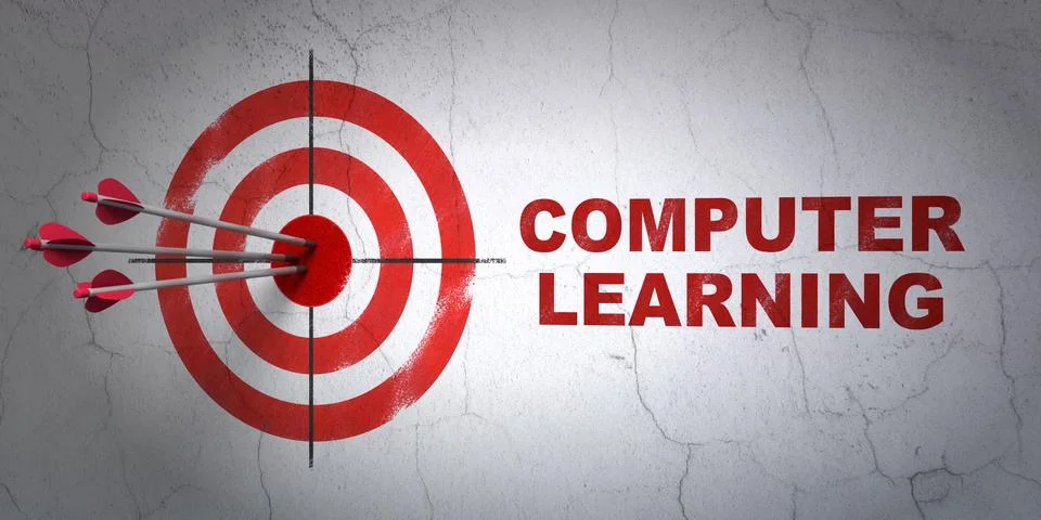 Studying concept: target and Computer Learning on wall background Illustrazione stock