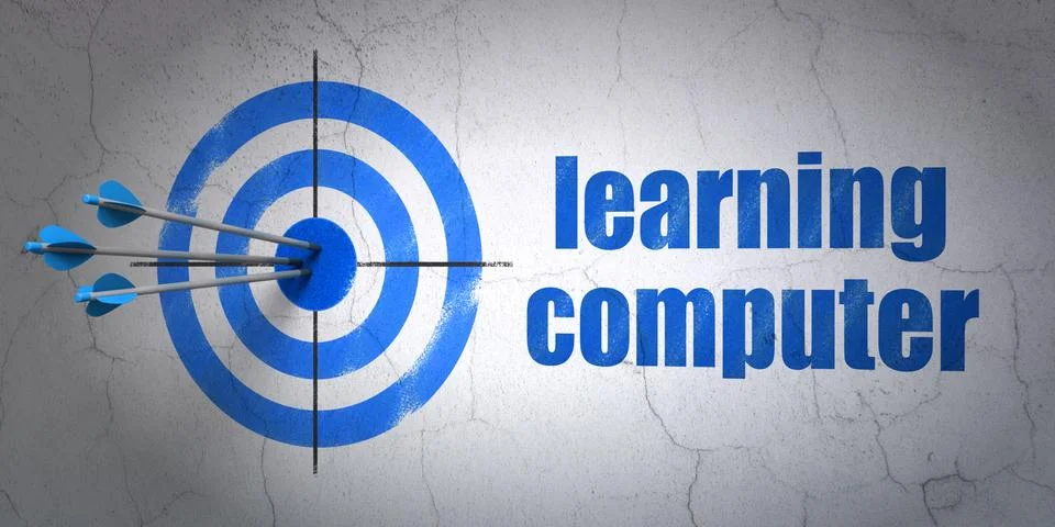 Studying concept: target and Learning Computer on wall background Illustrazione stock