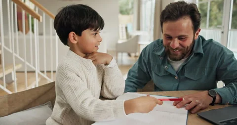 Studying, conversation or father with child in home, teaching problem solving or Stock Footage 318795548