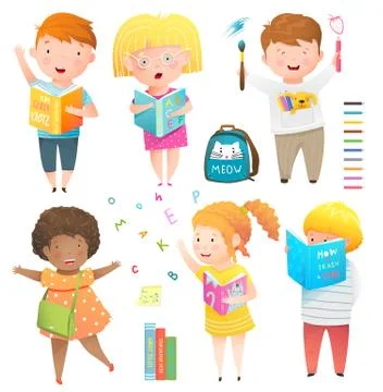 Studying, drawing, reading children activities clipart collection. Kids playing Stock Illustration